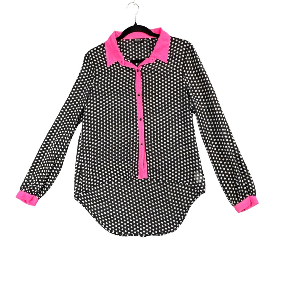 Allen B‎ Polka Dot High Low Blouse Pink Trim Modern Indie Retro Chic M